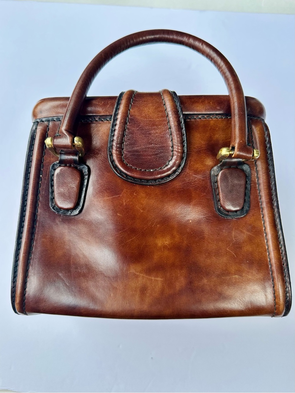 Vintage Leather Small Structured Marbled Brown Leather Handbag w Gold Clasps - Picture 6 of 13